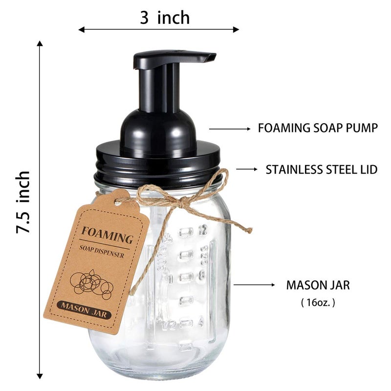 SheeChung Mason Jar Foaming Soap Dispenser-Rustproof Stainless Steel Lid & Foaming Soap Pump, Refill Foam Hand Soap Dispenser Glass for Bathroom Kitchen Vanities, Countertops-Black (1 pk) - Image 4